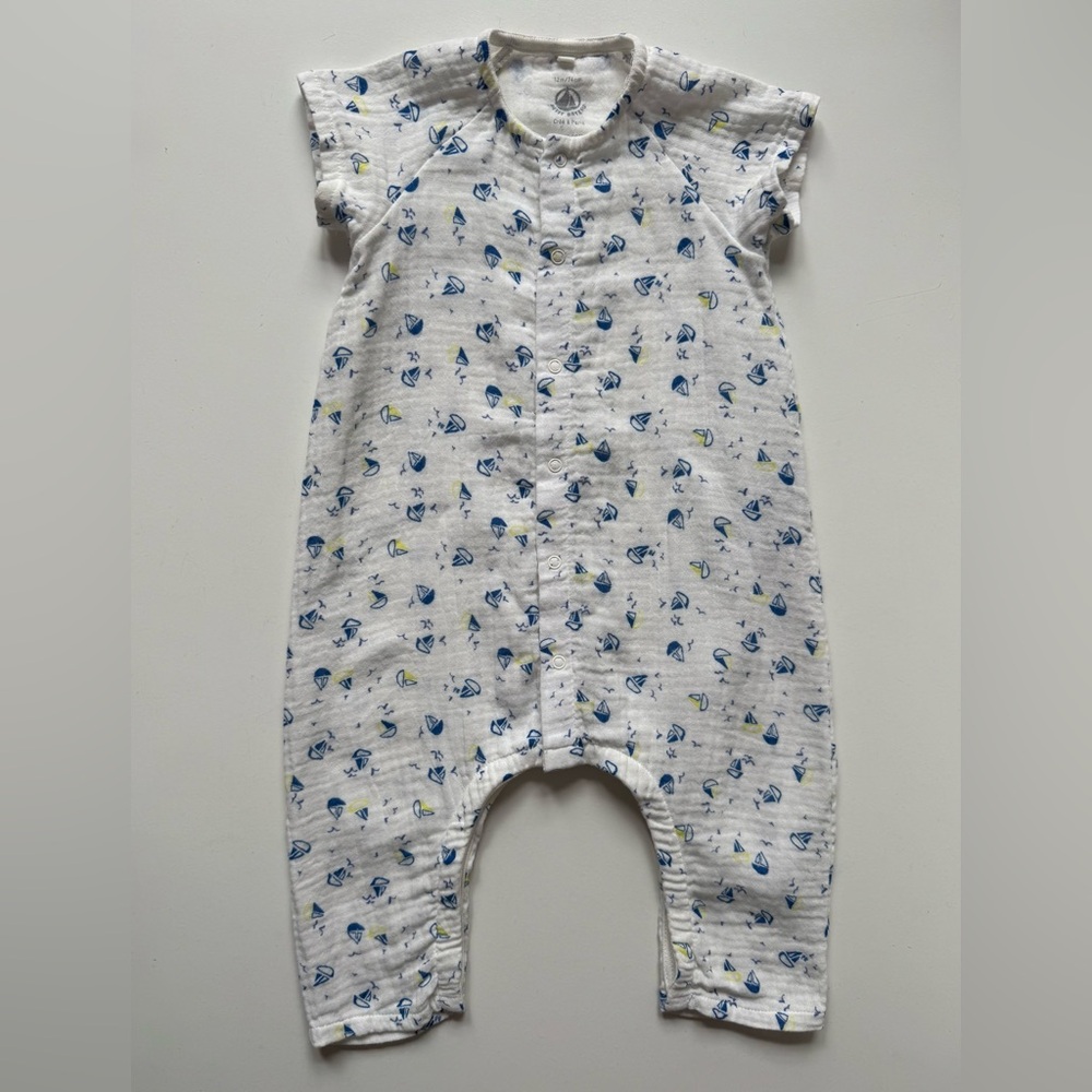 Petit Bateau Baby Boys White & Blue Sail Boats Onesie - Size 12M